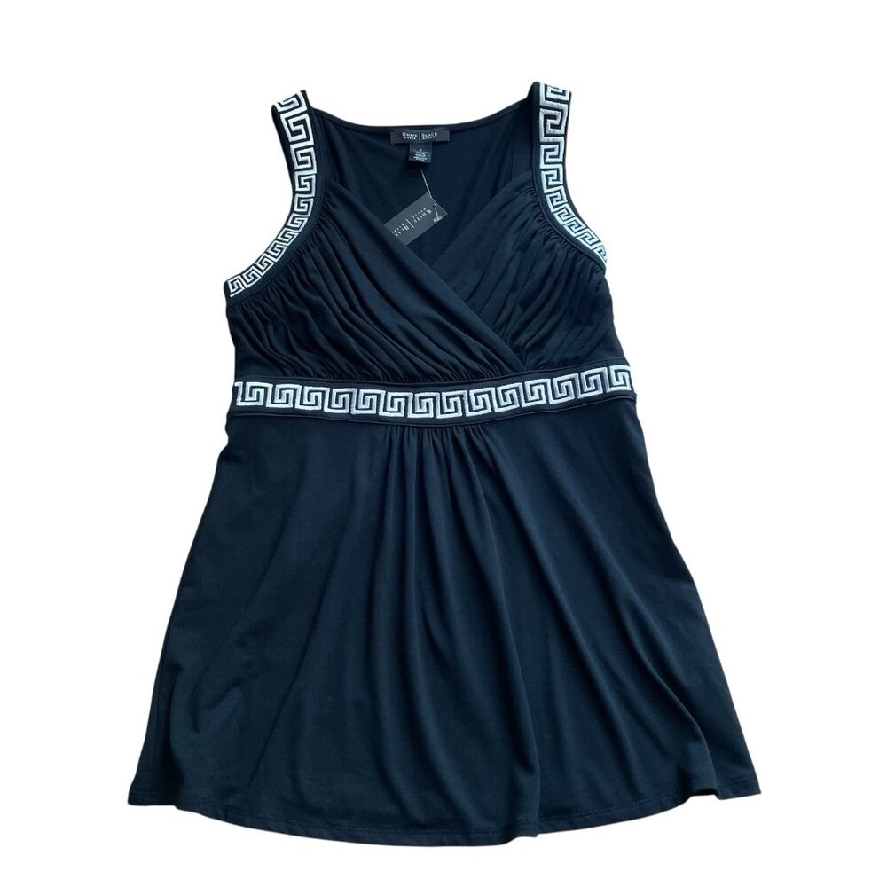 WHBM SLEEVELESS TANK TOP EMBROIDERED SHIRRED CLASSIC MODERN BLACK WHITE NWT $78